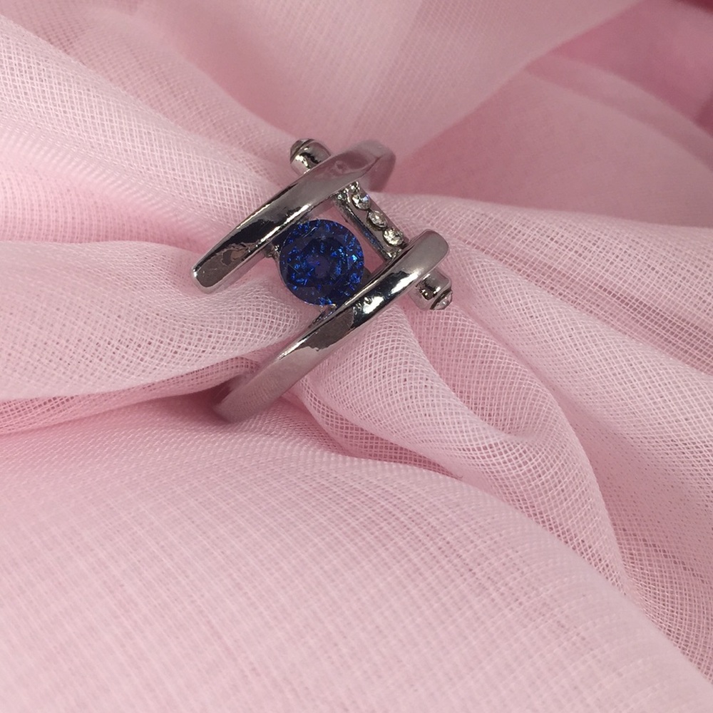Silver Tone Ring Blue Sapphire White Rhinestones